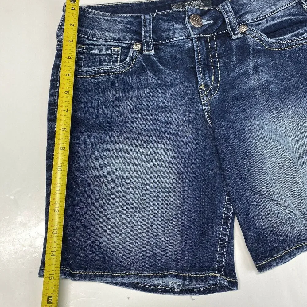 Silver Suki Mid Shorts 27 Blue Stretch Denim Jean Dark Wash Distressed